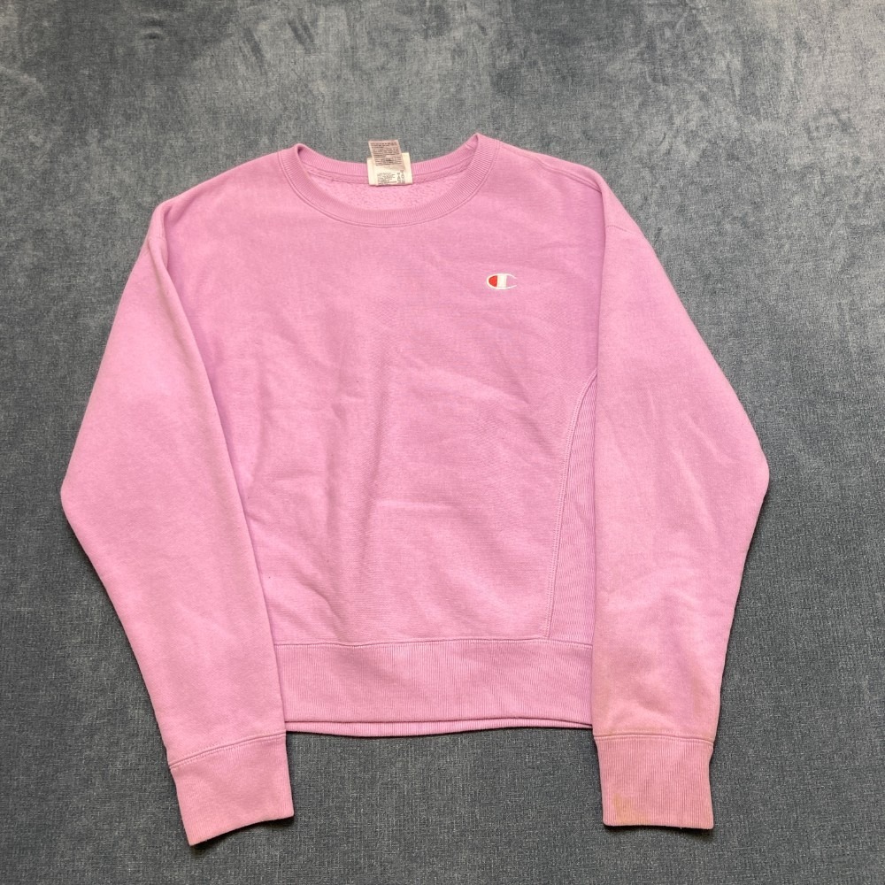 Champion Sweatshirt Womens XS Pink Fleece Lined Logo Crew Neck Ribbed Hem Winter